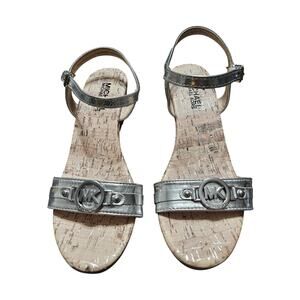 MICHAEL KORS Cate Beth MK logo Women's Size 5 Leather Cork Wedge Heel Sandals